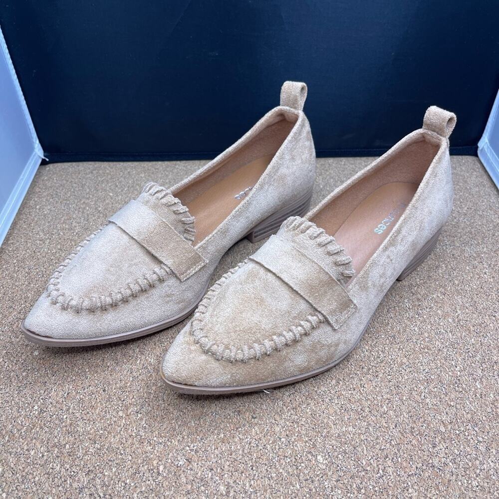 Maurices tan faux suede preppy ruffle slip on flats 6
